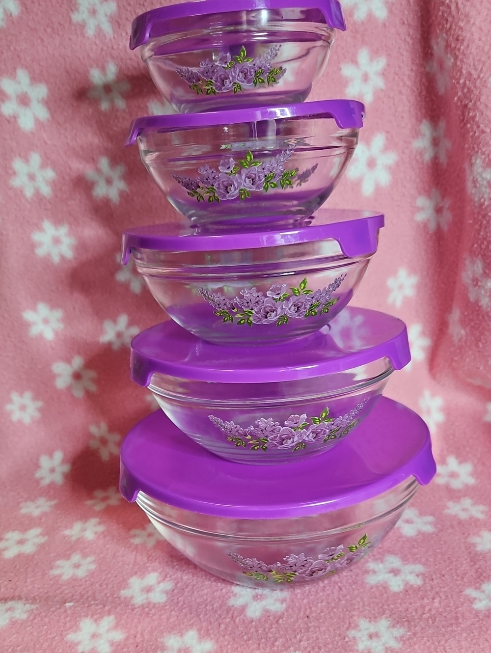 Imperial Purple Floral Glass Food Storage Bowl Set with Lids